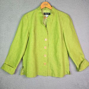 Jones New York Linen Blazer Green M Stand Collar Button Front Lightweight